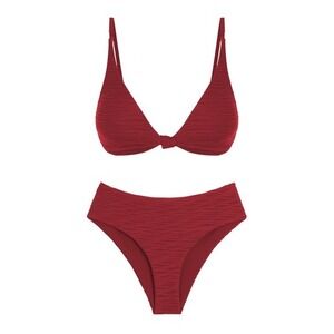 ZAFUL Wine Red V Neck Knot Front Push Up Bikini High Cut Cheeky Set Small
